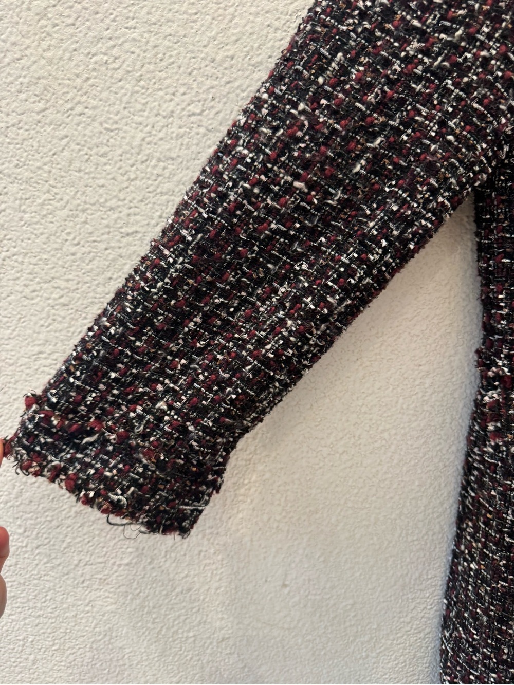 Ann Taylor tweed jacket w/ dark, multi-color textured design and fringe detail - Picture 2 of 16